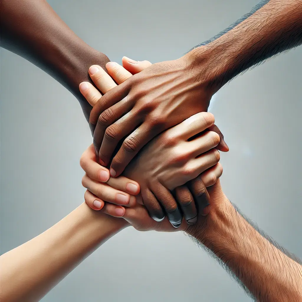 Four diverse hands clasped together in a show of unity and partnership.